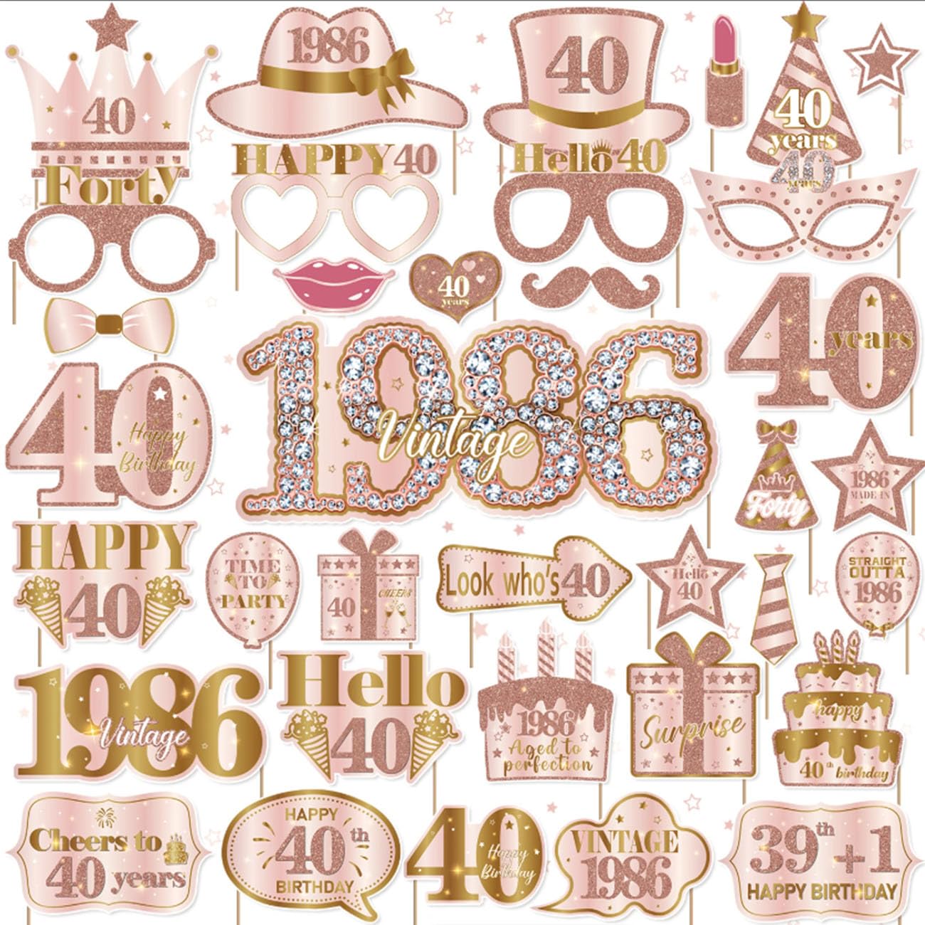 40th Birthday Decorations for Women, 36 Pcs Rose and Gold Vintage 1986 Photo Booth Props Kit, Happy Forty Birthday Party Selfie Props for Her
