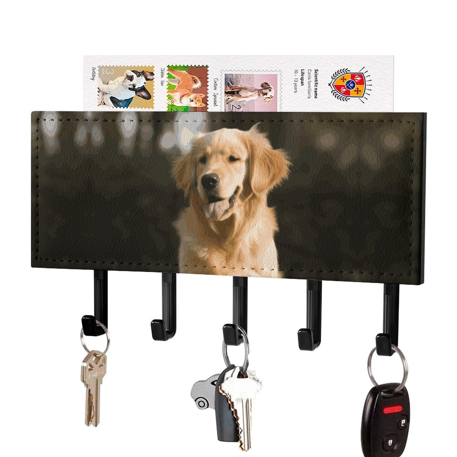 DWVTSLH Golden Retriever Dog Key Holder for Wall, Decorative Key Hooks with Mail Organizer & 5 Hooks, Self Adhesive Leather Key Hanger for Entryway, Wall Mounted Key Rack (7.1” X 4.3” X 0.9”)