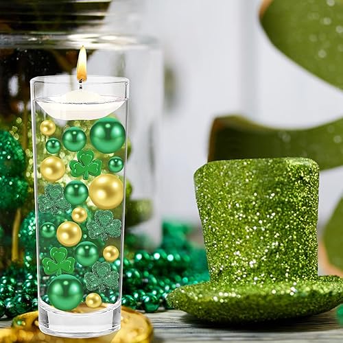 Miniatura 4 de FEICUIBEXI 110 piezas de relleno de jarrón del día de San Patricio, adornos acrílicos de tréboles, perlas flotantes, jarrón, decoración de mesa,