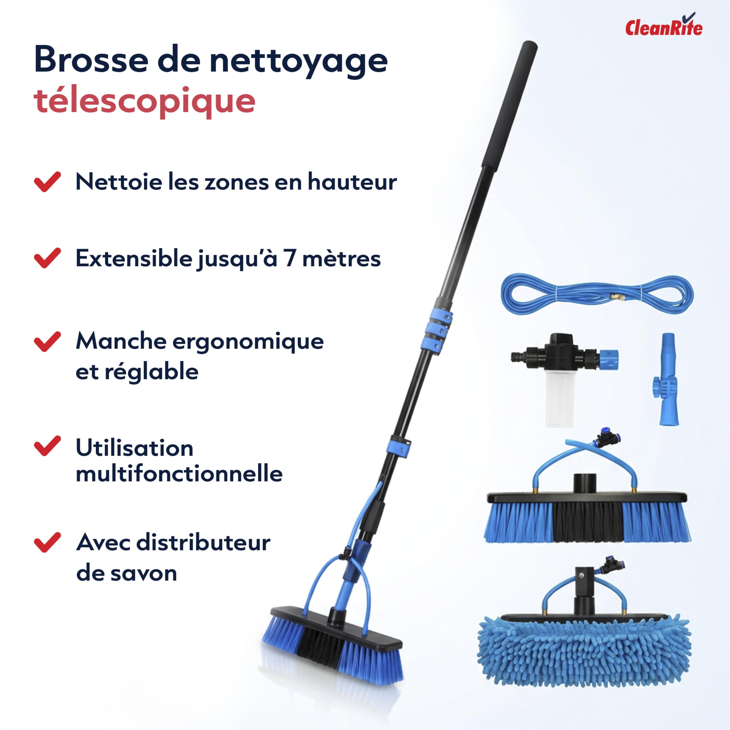 CleanRite® Brosse Télescopique 7 m avec Arrivée d’Eau | Perche Nettoyage Toiture et Panneaux Solaires | Balai Télescopique avec Distributeur de Savon | Voiture | Noir