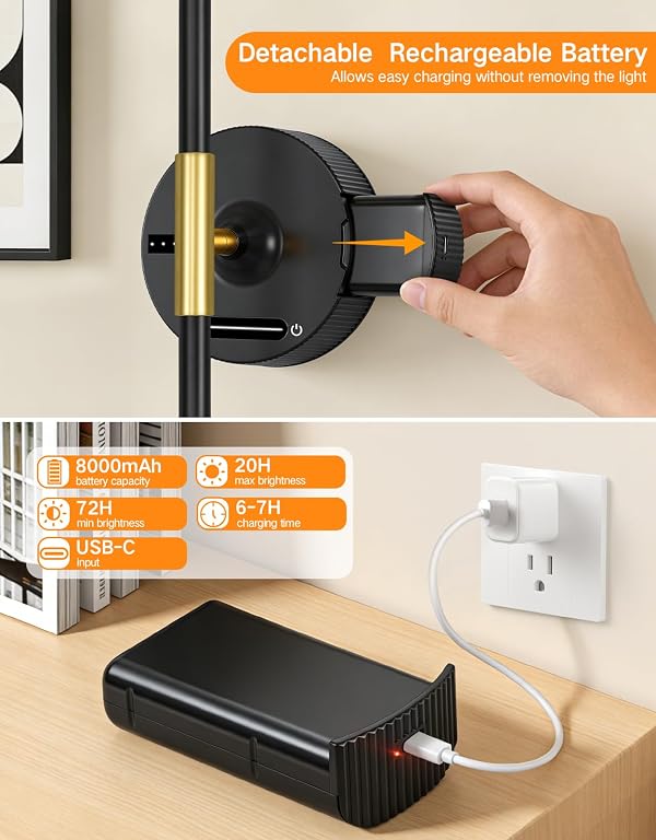OUTON Rechargeable Wall Sconce with 8000mAh Removable Battery, Power Indicator, Remote & Touch Control, 3 Color Temperatures, Dimmable Wall Light for Living Room, Bedroom, Hallway, Black by OUTON - Used condition - Image 2