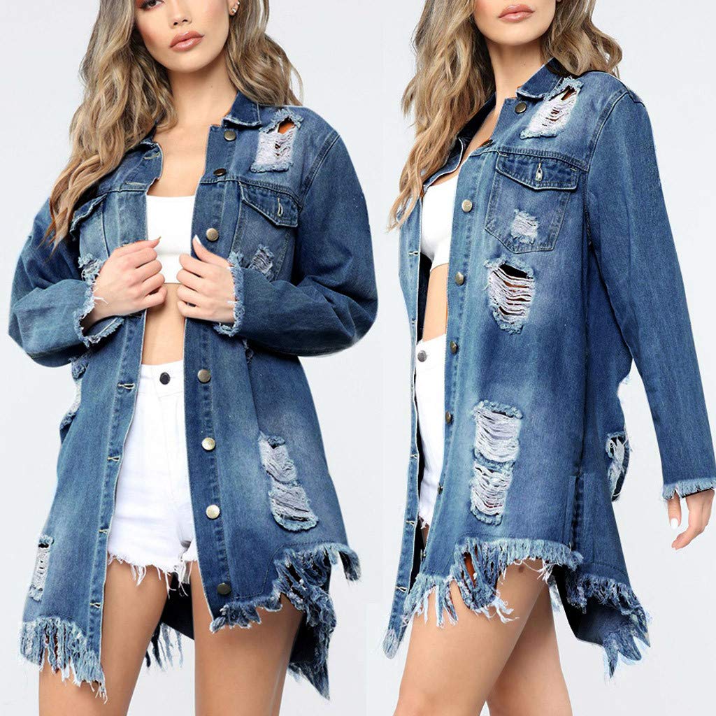Jeansjacke Damen Löcher Blauer Jacke Jeans Übergangsjacke Mit Knöpfen