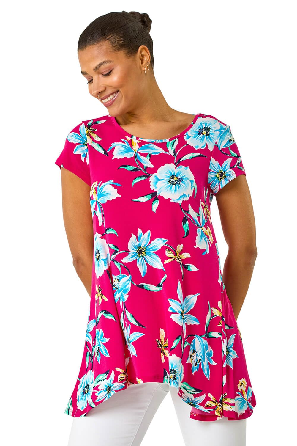 Roman Originals Women's Fuchsia Hanky Hem Tunic Top For Uk - Longline Blouse Asymmetric Hemline Short Sleeves Casual Slouch Loose Summer Spring Relaxed Comfortable - Size 10