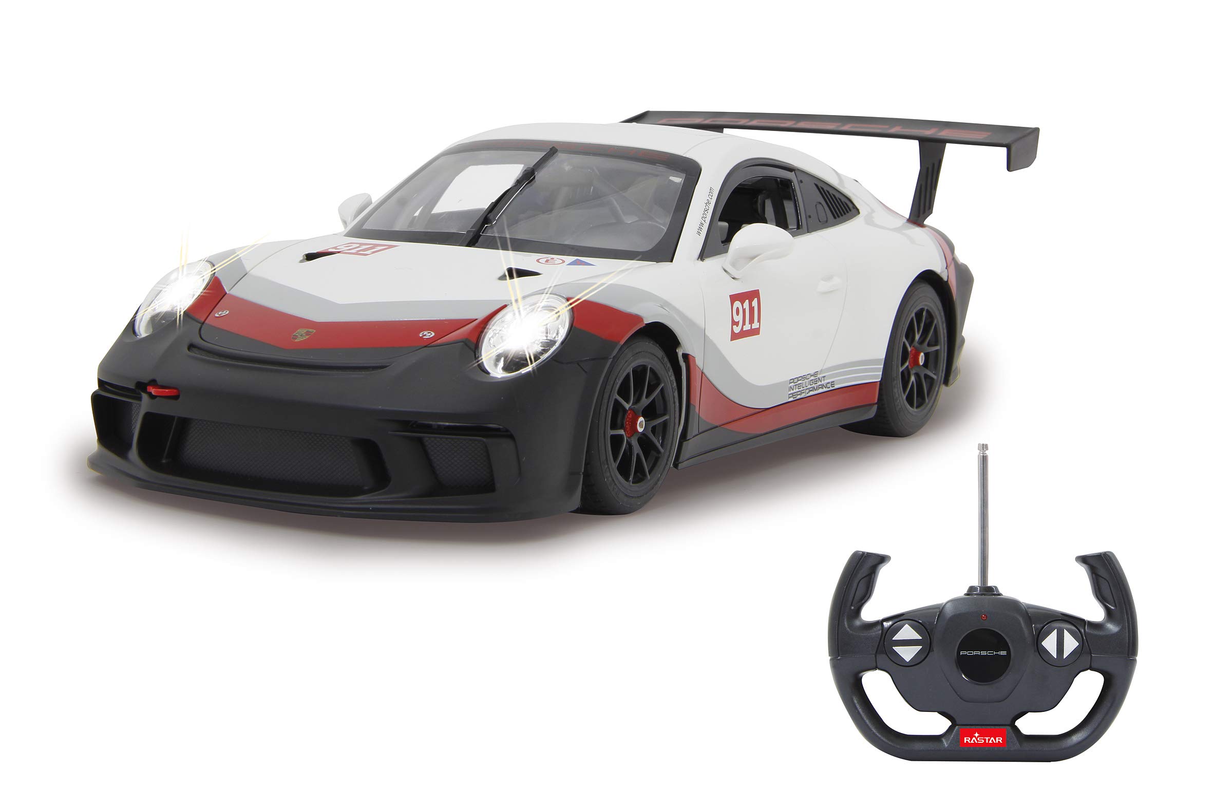 JAMARA 405153 – Porsche 911 GT3 Cup 1:14 biały 27 MHz – samochód RC na oficjalnej licencji, ok. 1 godzina, 11 km/h, idealnie odwzorowane szczegóły, szczegółowe wnętrze, wysokiej jakości wykonanie, światło LED