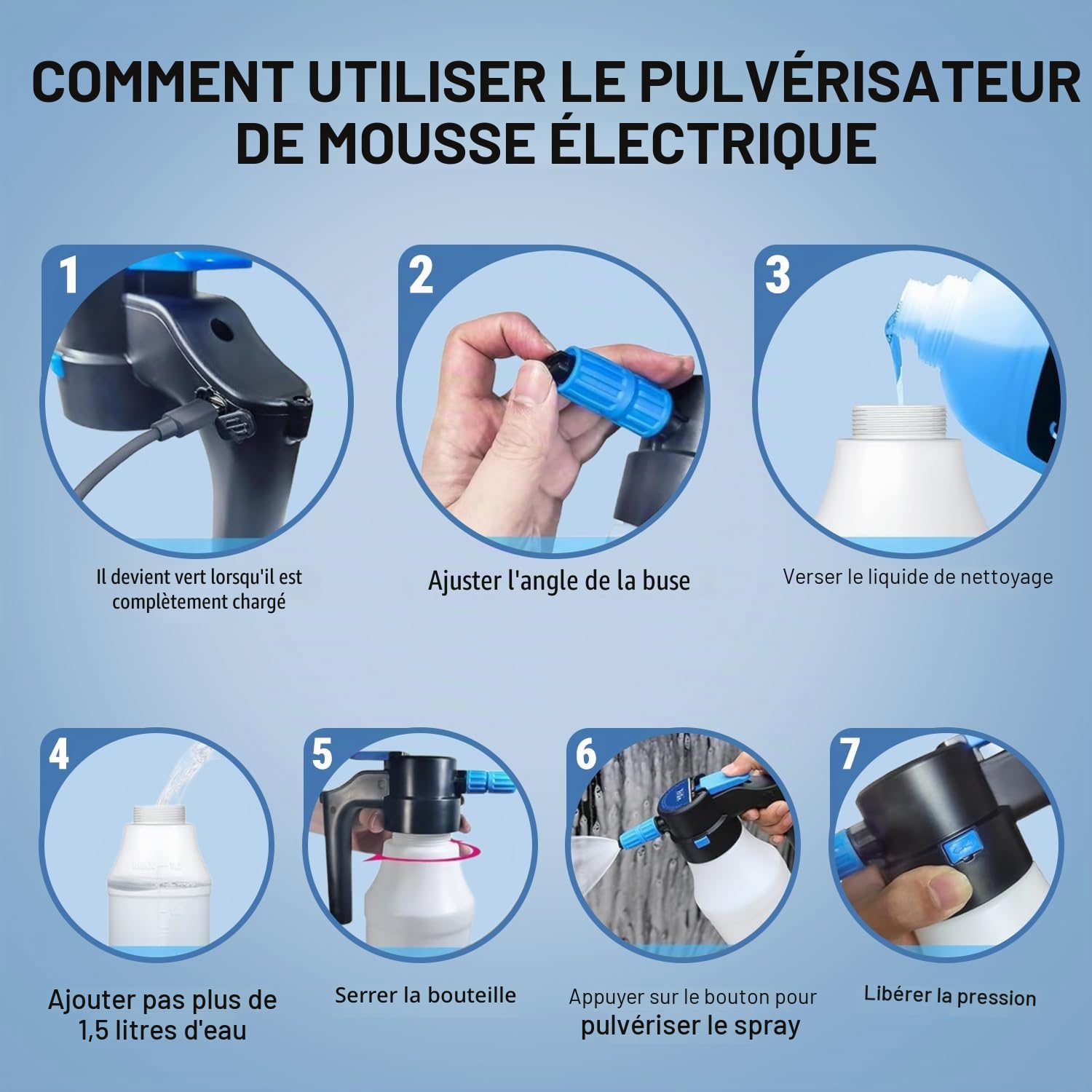 VOBOR Pulvérisateur à Mousse Électrique, 1.5L Batterie USB C Rechargeable, sans Fil Canon a Mousse Voiture pour Nettoyage de Voitures, Roues, Vitres