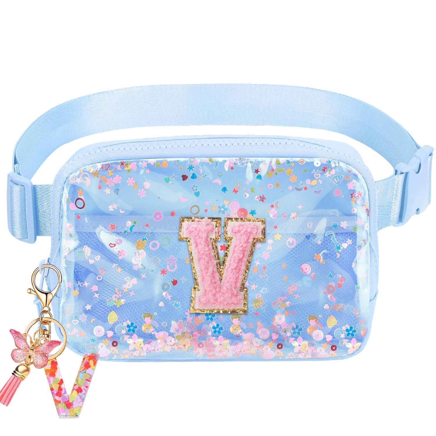 Initial Fanny Pack for Girls - Belt Bag for Teens Kid Teen Girl Kid Birthday Gift Blue Clear V