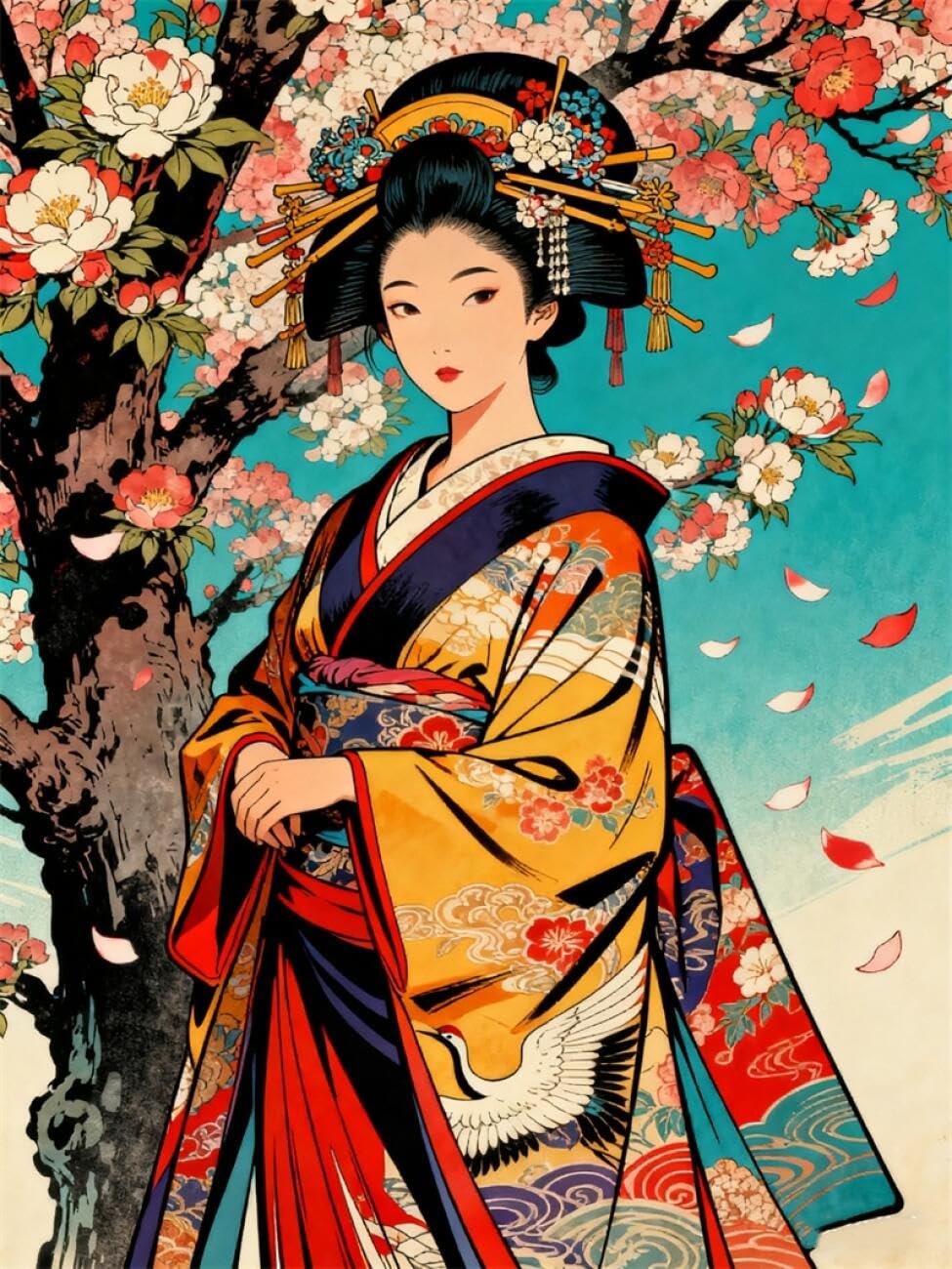 Diy Bead Embroidery Set Japanische Geisha Und Blühende Bäume 9CT 50x60cm