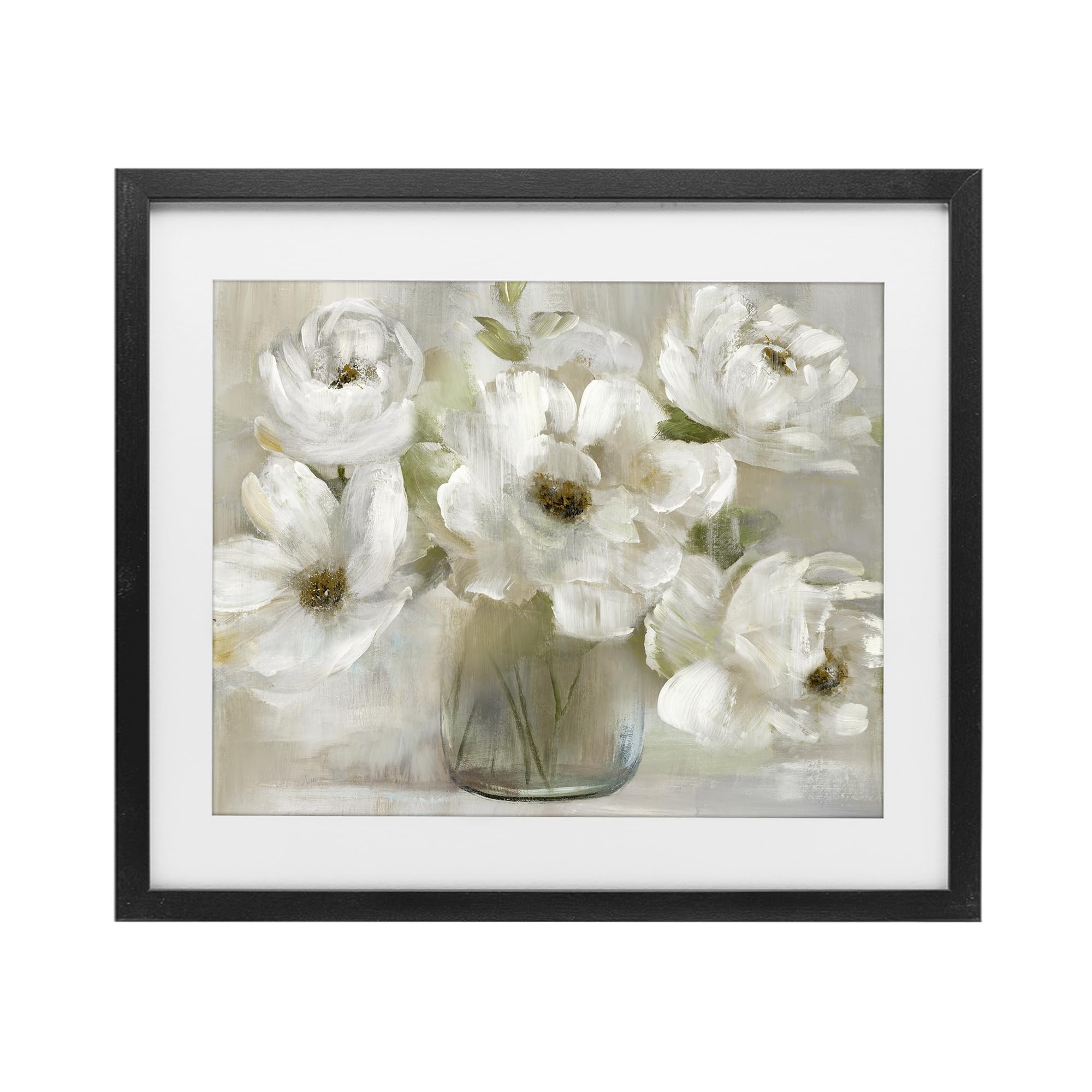 Stupell Industries Gentle White Petals in Vase, Serene Floral Bouquet for Dining Room, 13 x 16 Inch Framed Matted Print Under Glass, by Nan, Made in USA Gift