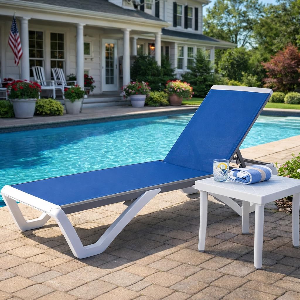 Kozyard Outdoor Chaise Lounge Chair, Full Flat Adjustable Patio Lounger with Aluminum Frame & Resin Legs, Textilene Fabric for Poolside, Backyard & Beach (Blue, W/Table)