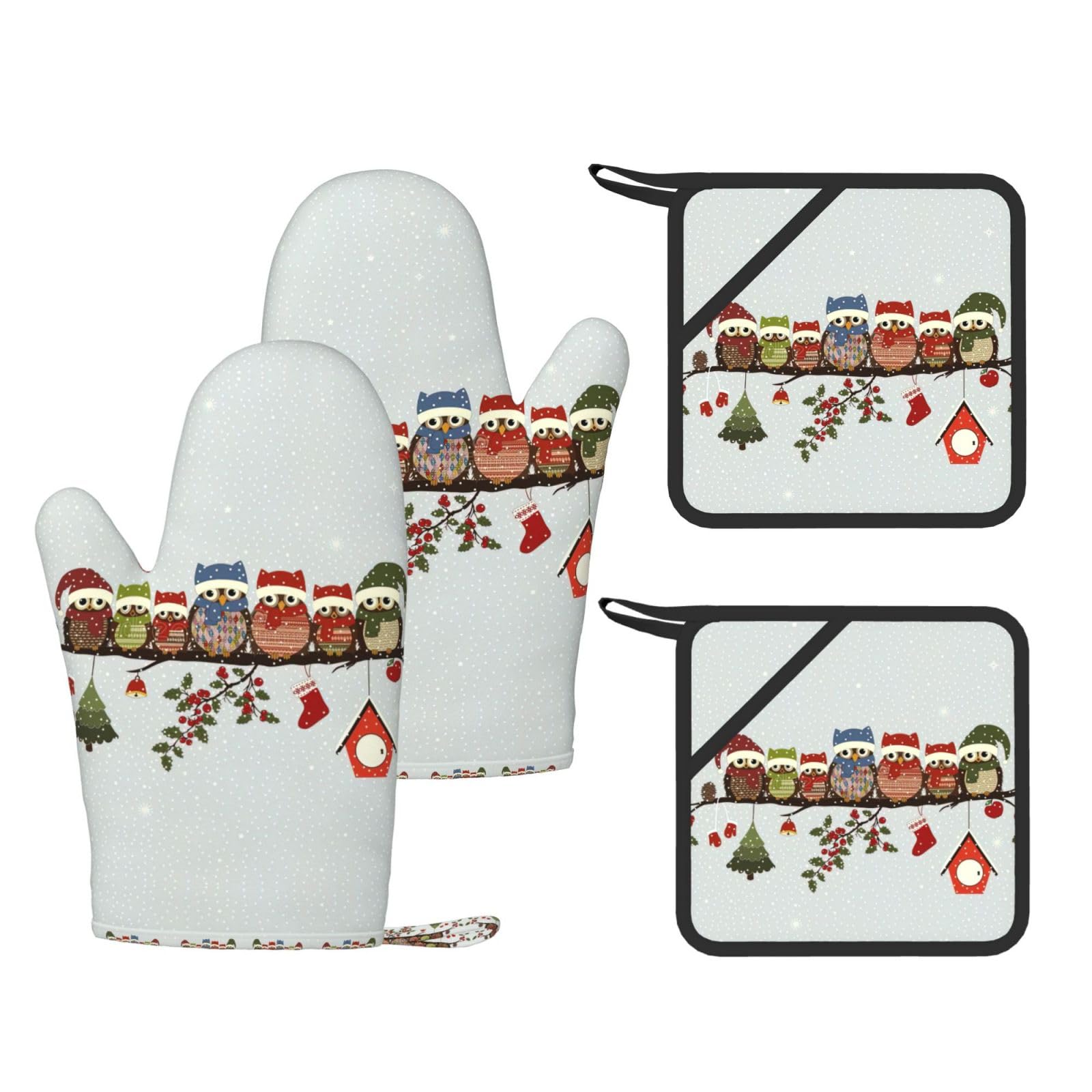 Cute Christmas Owls on Branch Trendy Printed Kitchen Set with Heat Resistant Gloves & Non-Slip Hot Pads for Baking & Grilling