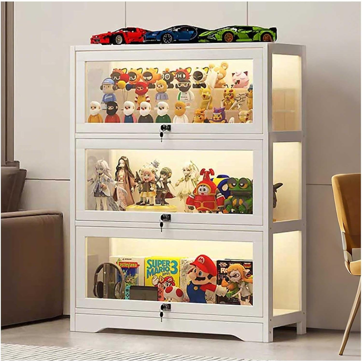 ディスプレイ キャビネット LED ライト, アクリル ガラスのディスプレイ ケース本棚ロック付き, キュリオ キャビネット, 収集