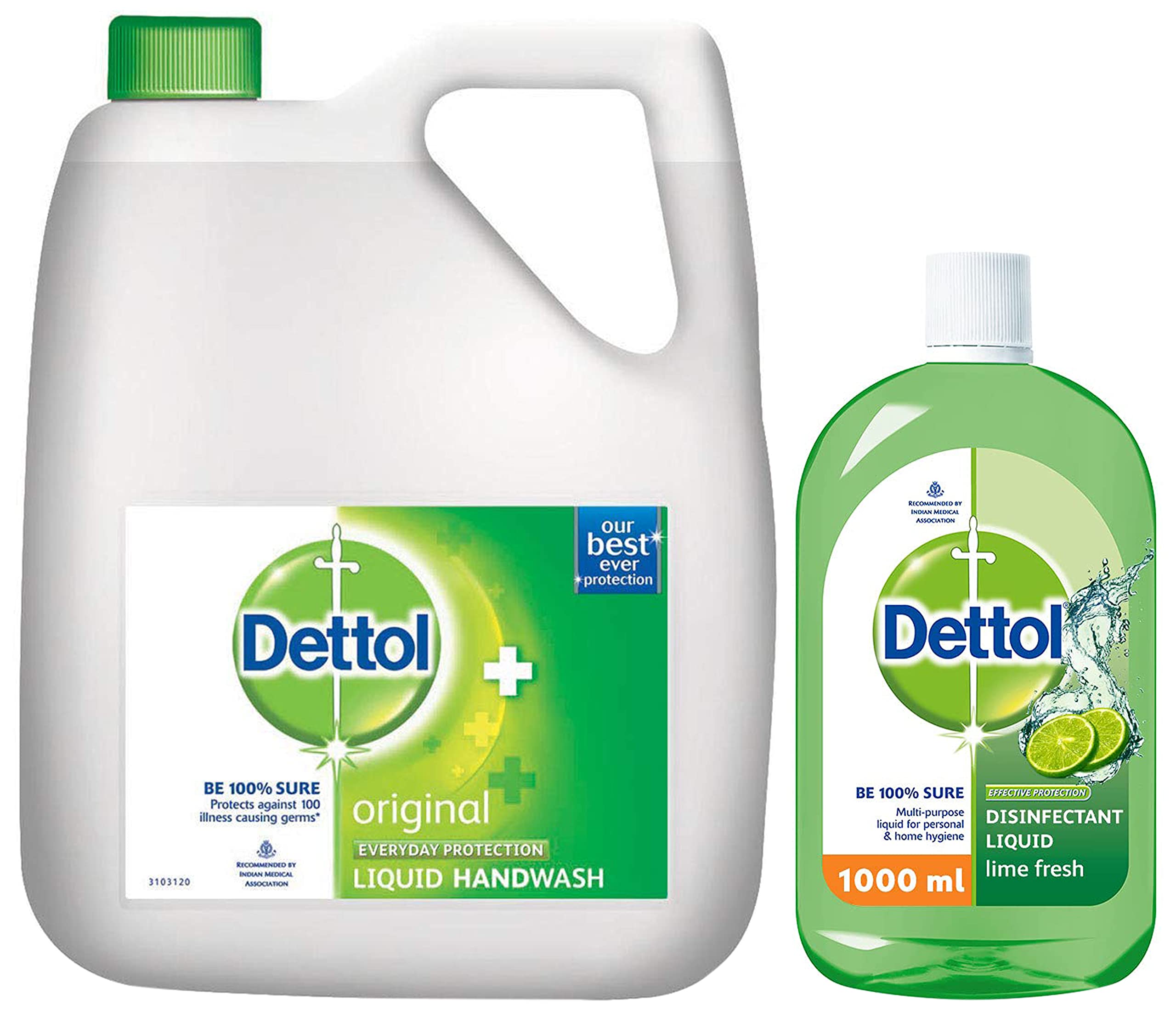 Dettol Original Germ Protection Handwash Liquid Soap Refill, 5L & Dettol Liquid Disinfectant for Floor Cleaner, Surface Disinfection, Personal Hygiene (Lime Fresh, 1L)