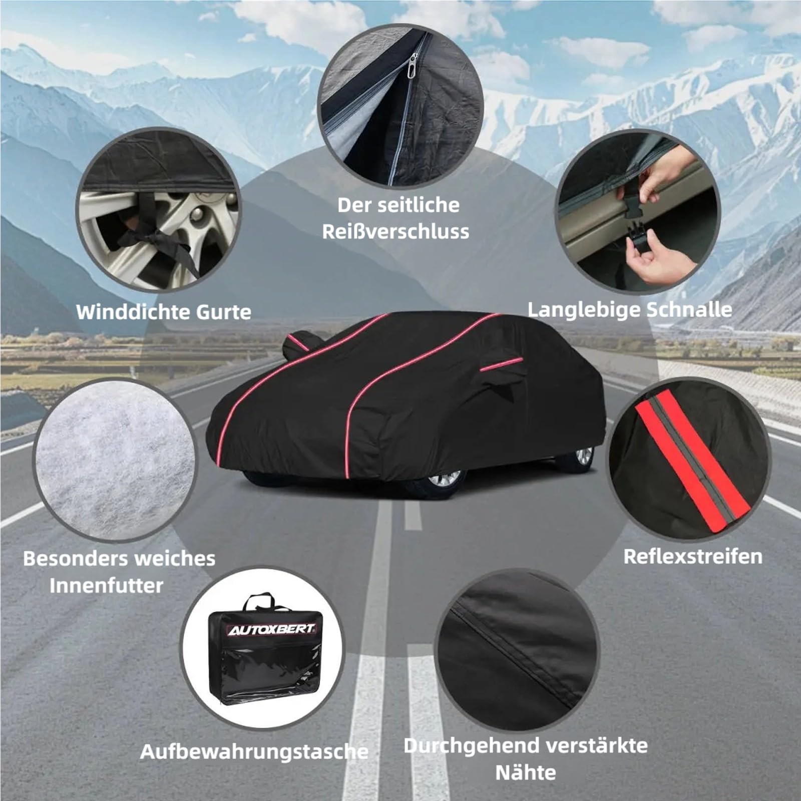 Auto Abdeckplane Vollgarage All Weather Staubdicht Autoabdeckung Outdoor | Wetterfest Autoplane Car Cover mit Reflektierenden Streifen für Schrägheck(415 bis 450cm), 450x183x150cm