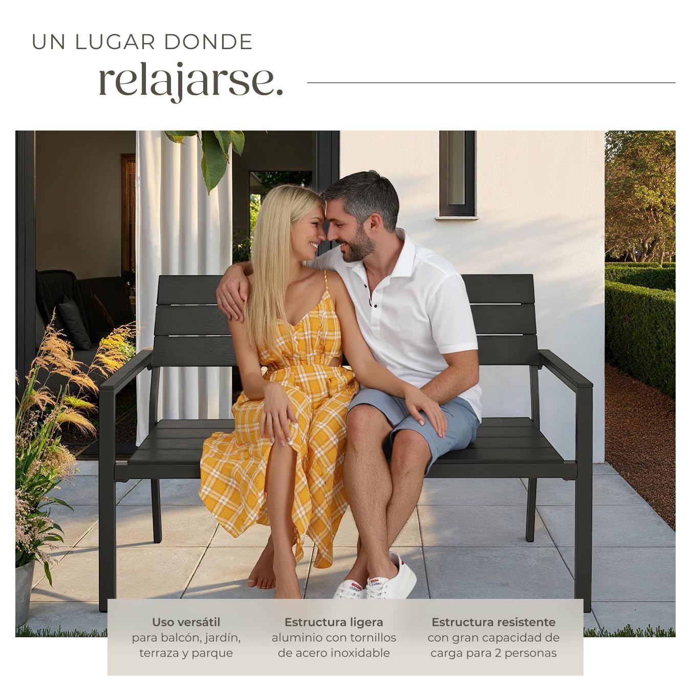 tectake® Banco de Jardín Moderno para Dos Personas, Estructura de Aluminio Resistente, Banco Jardin, Asiento de Poliestireno Efecto Madera, Ideal para Patio y Terraza Exterior - Oscuro