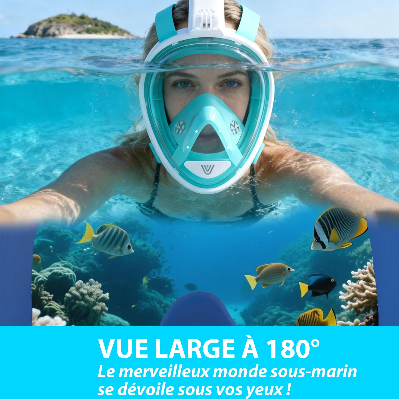 Vitare Masque de Plongée Intégral pour Adulte et Enfant, Masque Tuba avec Système Respiratoire Avancé et Technologie Antibuée, Masque Snorkeling Piscine avec Support de Caméra