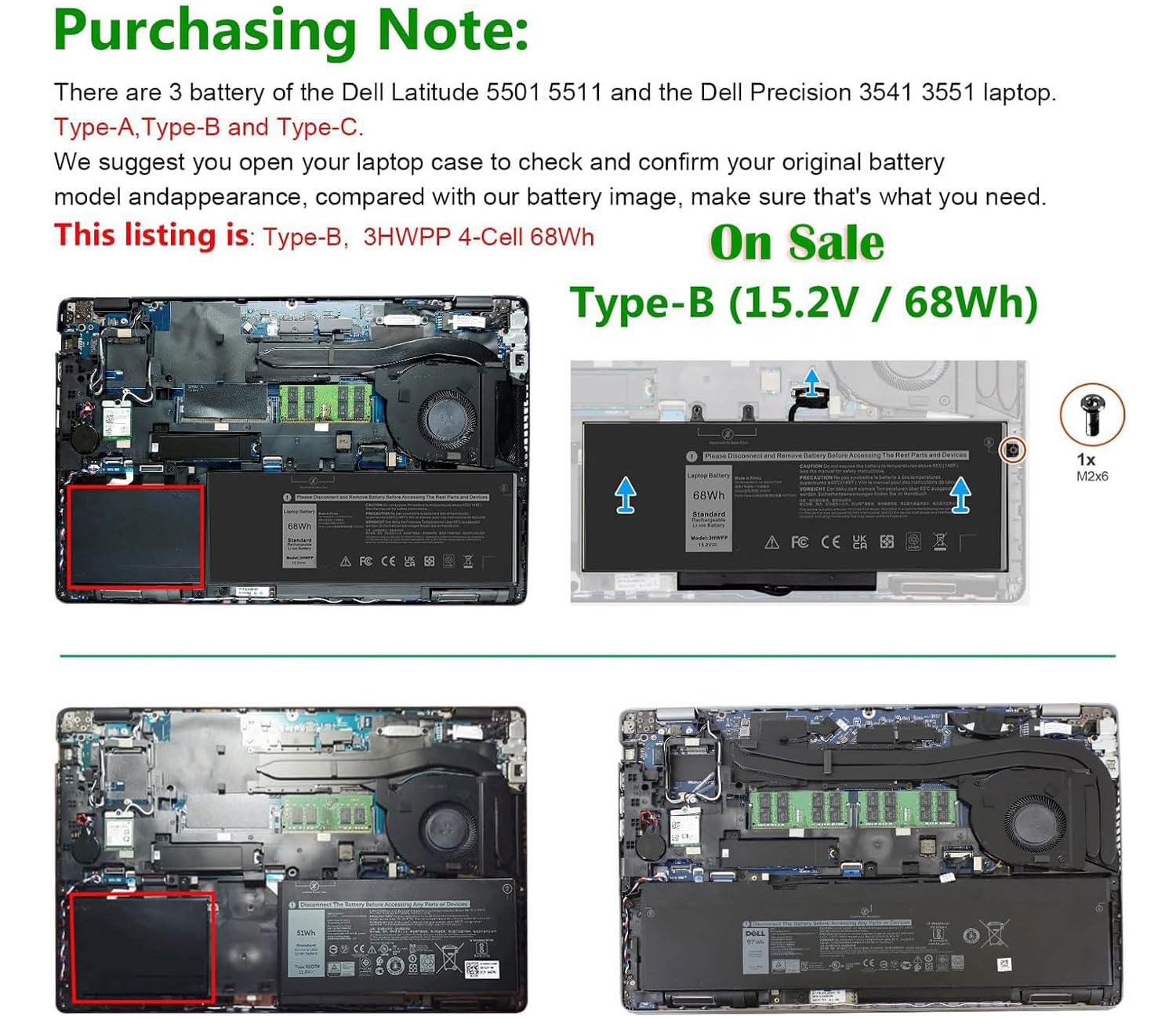 68Wh 3HWPP Batteria portatile compatibile con Dell Latitude 5401 5501 5411 E5511 5410 E5410 5510 5511 Precision 3541 3551 3550 Inspiron 17 7500 7506 7706 2-in-1 10X1J 1VY7F 3YNXM 451-BCMN