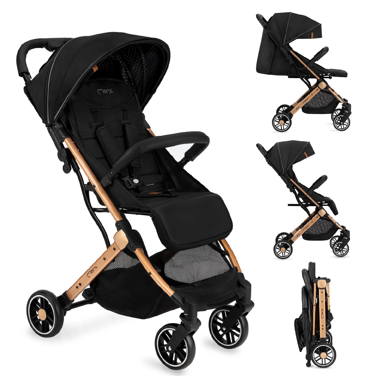 MoMi ESTELLE Silla de Paseo Ligera y Plegable, Carrito de Bebé Compacto con Respaldo Reclinable, Arnés Ajustable de 5 Puntos, Capota Protectora, Gran Cesta de Almacenaje, desde 6 Meses hasta 15 kg