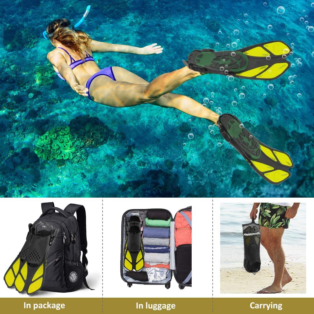 Schwimmflossen, Schnorchelflossen, Schnorchelausrüstung, Schwimmflossen zum Schwimmen, kurze Tauchflossen, Reisegröße, mit Netztasche, extra Flossenriemen, offene Ferse, verstellbar