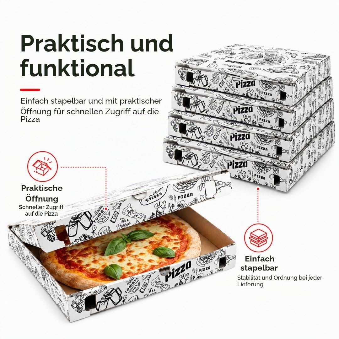 TOMMI Pappschachteln für Pizza, 33 x 33 x 3 cm, Packung mit 100 Stück, aus stabilem Karton