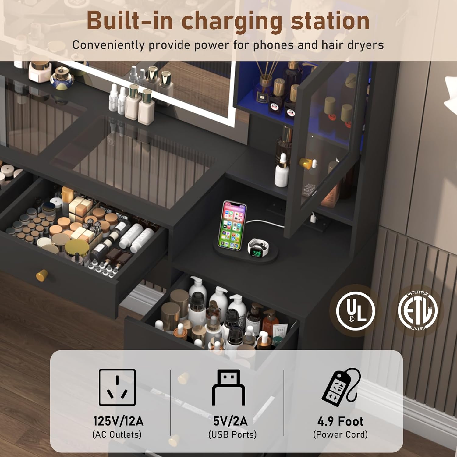 Close-up of the built-in charging station with two AC outlets and two USB ports