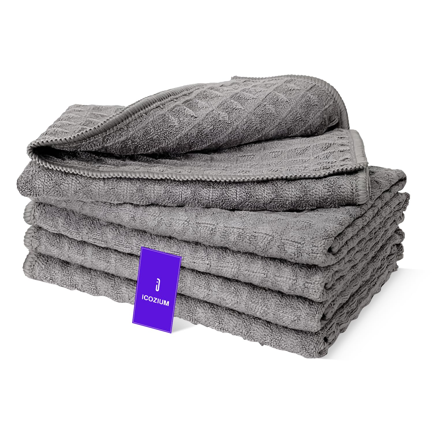 ICOZIUM Superfine Pack of 5 Microfiber Kitchen Towel, Microfiber Cleaning Cloth, Soft Absorbent Dish Kitchen Cloth, Multi-Purpose Kitchen Hand Towels for Home, Travel, Tea, Picnic (Grey 25x25cm)