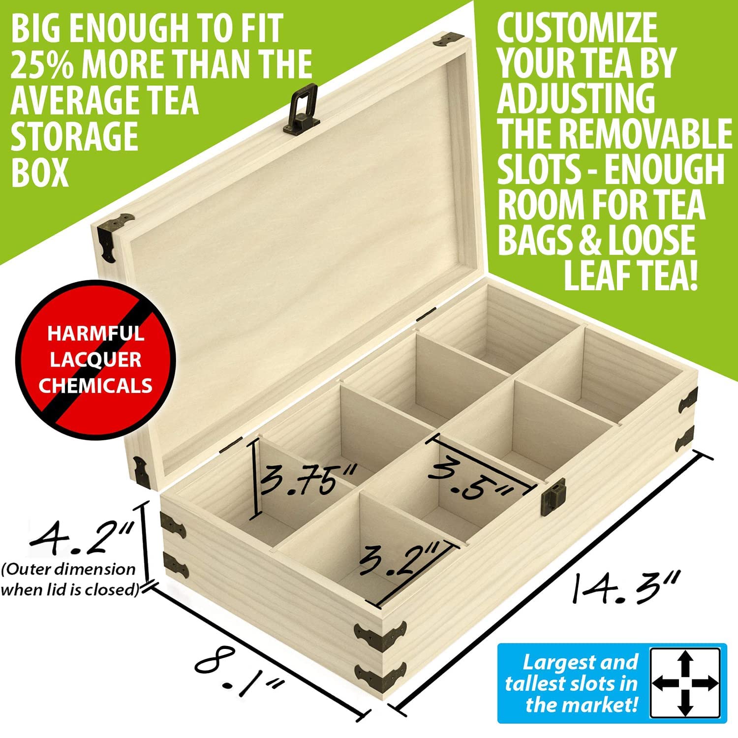 Zen Earth - Caja de Almacenamiento de Madera de Pino (Madera de Pino Natural Tea, 8 Ranuras)