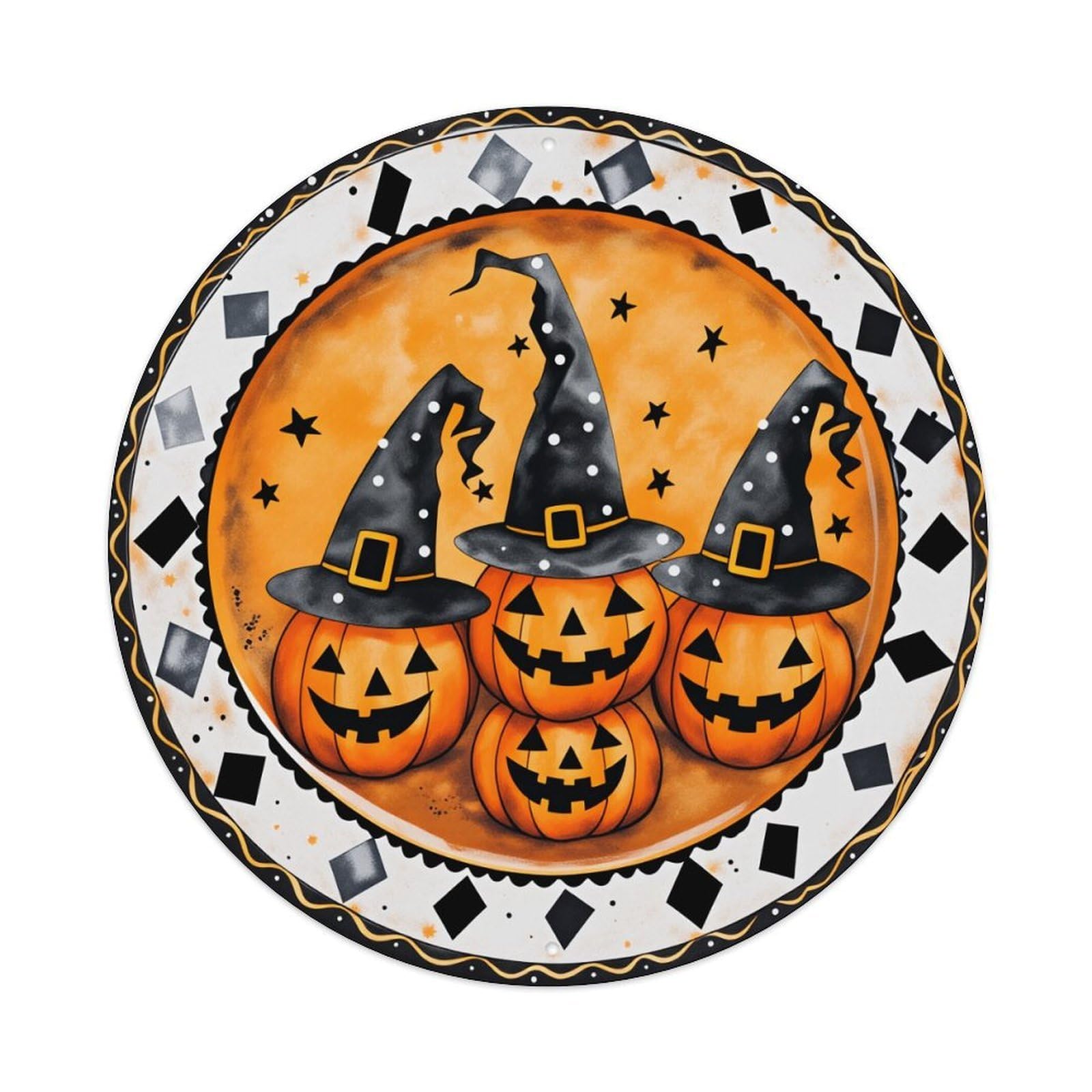 Pumpkin Witches Hats Stars Orange Background Black Border Round Vintage Tin Sign,Retro Wall Art,Metal Poster for Home, Bar, Garage, Cafe, Rustic Indoor & Outdoor Decor, 8x8 Inches