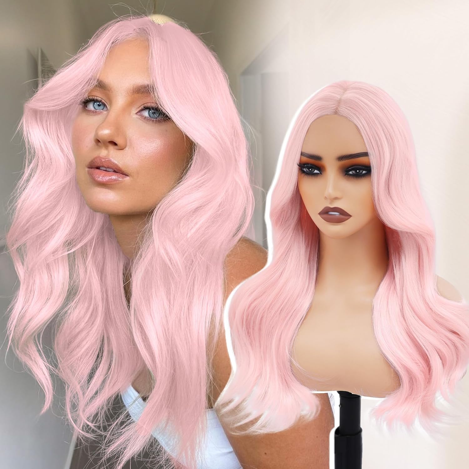 Pink Wig-Synthetic Lace Front Wig Light pink Glueless wigs for Women 13X4 Pre Plucked Pre Cut Wavy Wig 22 Inch pink