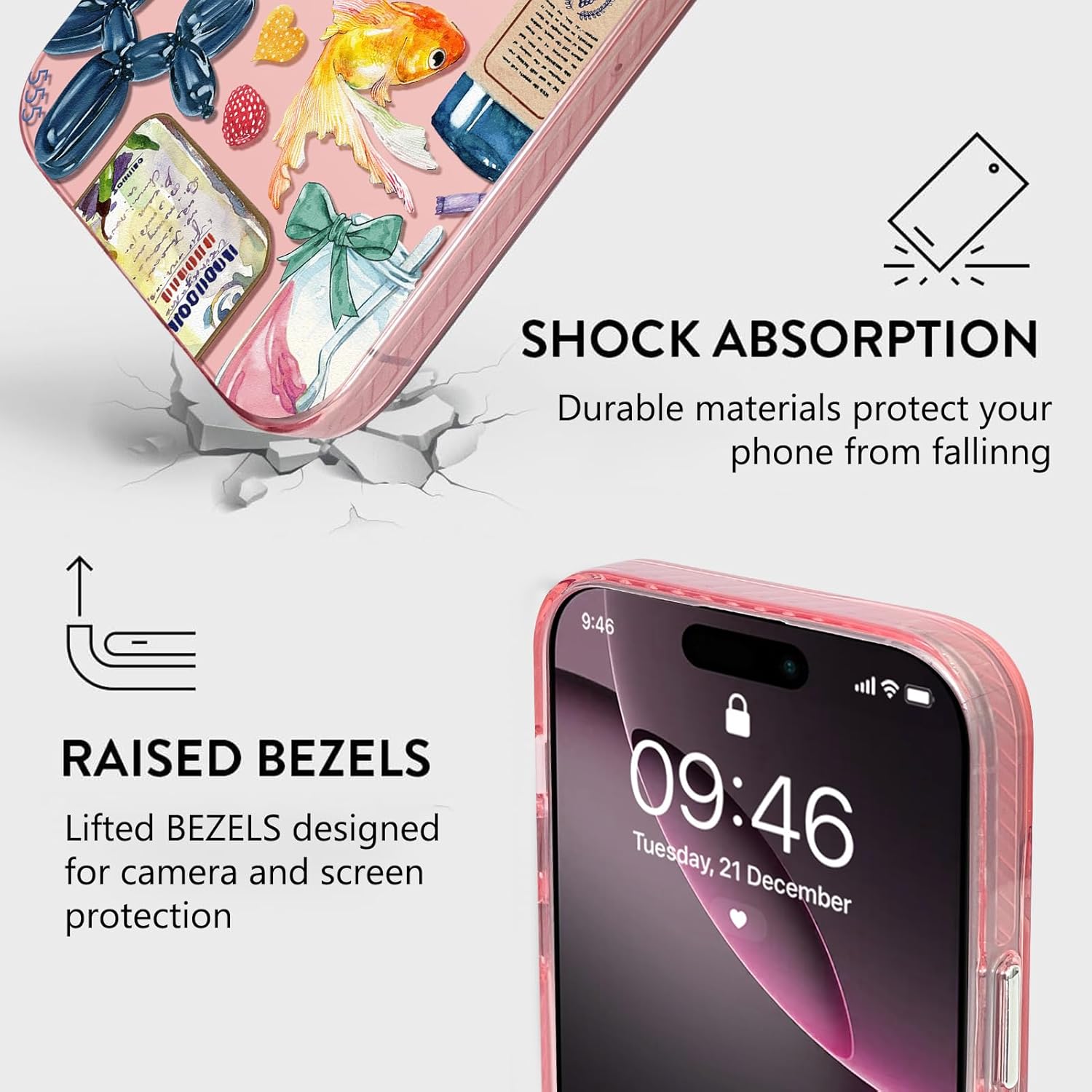 Compatible with iPhone 16 Pro Case Cute Aesthetic for Women Girls, Classic Retro Western Grapes Fruit Drinks Fish Bow Collage Phone Case, Shockproof Protective Cover - Image 2