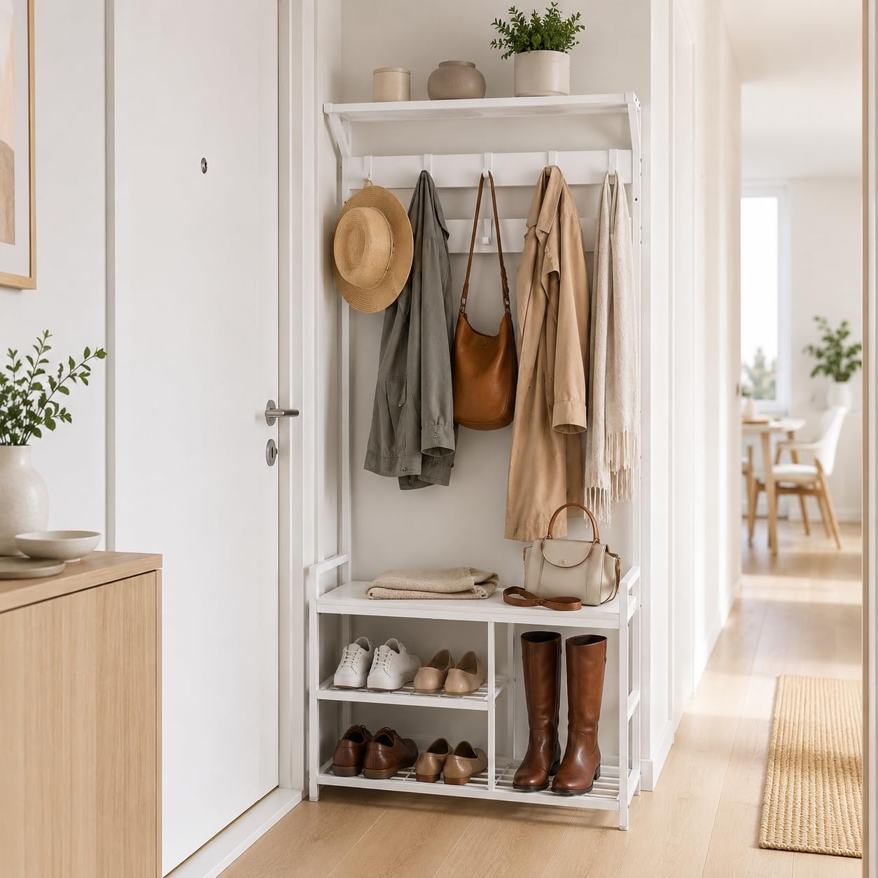 EGGREE Porte Manteau Entrée avec Rangement Chaussures, Meuble d’Entrée Blanc avec 10 Crochets Amovibles, Étagères et Kit Anti-Basculement, Portemanteau pour Couloir Chambre Dressing, 84 x 30 x 182 cm