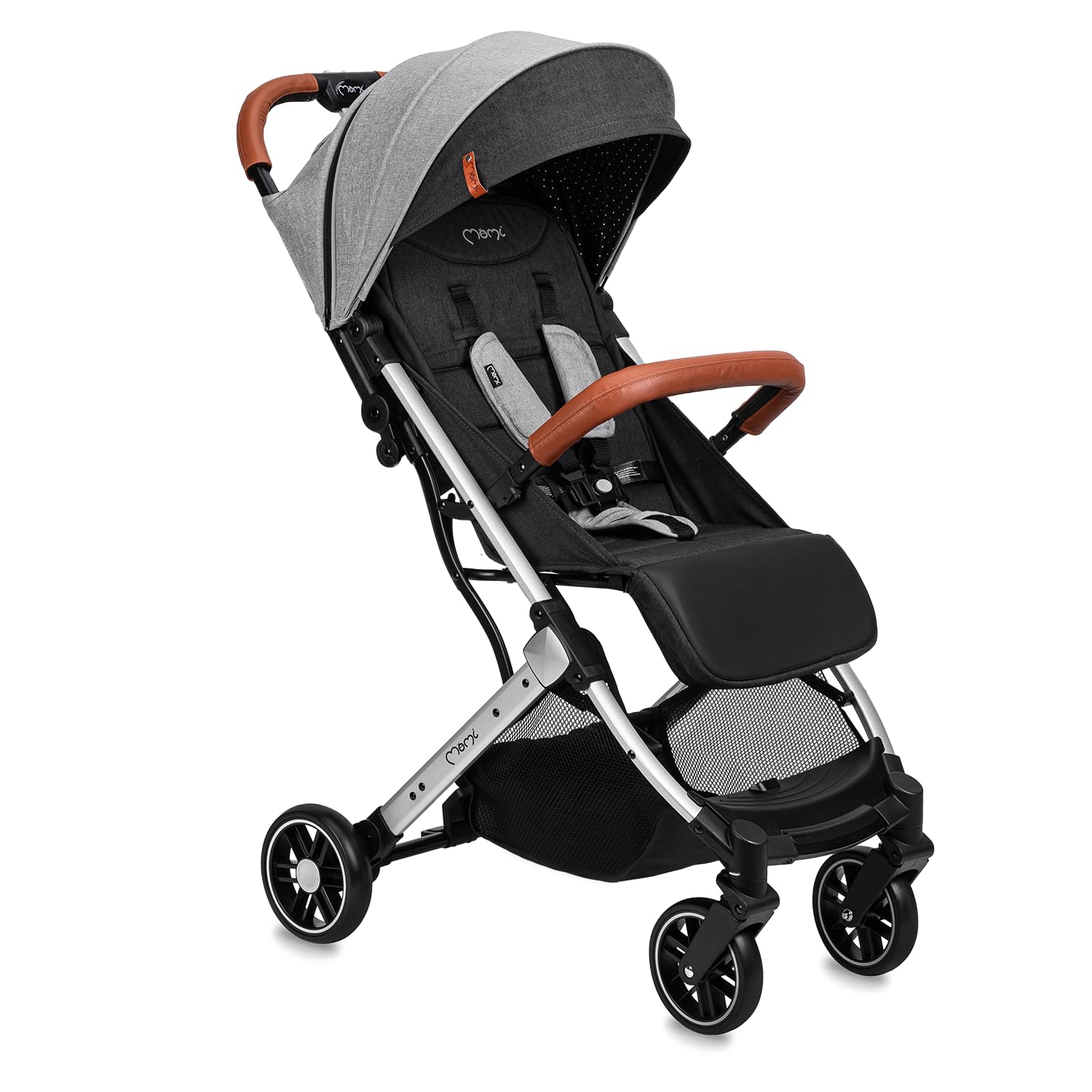 MoMi ESTELLE a partir de los 6 meses (hasta 15 kg), silla de paseo plegable con arnés de 5 puntos, cesta de la compra, barra telescópica, se mantiene de pie plegada