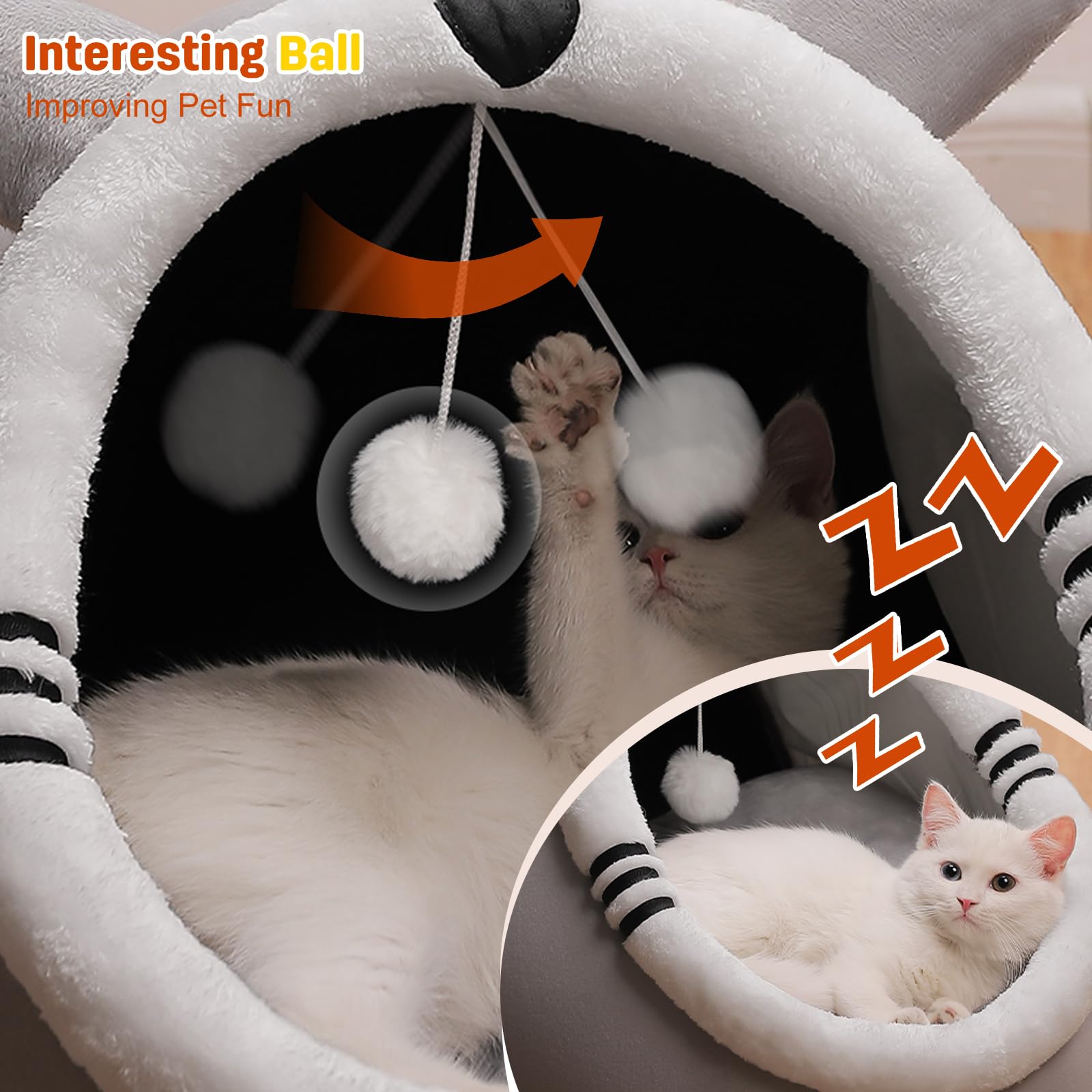 PETCUTE Cuccia Gatto Chiusa Interno,Cuccia per Gatti Interno con Cuscino Rimovibile,Cuccia Semichiusa per Animali Domestici con Palla di Pelo,Antiscivolo,per Gatti e Cani di Piccola Taglia
