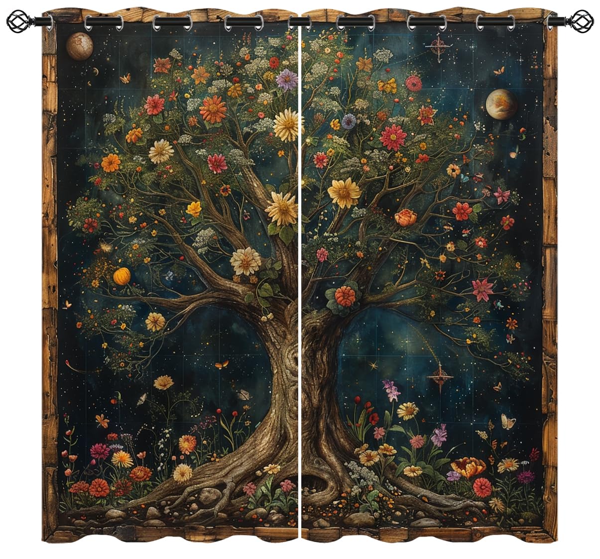 Naiice Tree of Life Blackout Curtains for Girls Boys Kids Home Decor, Vintage Bohemian Colorful Flower Grommet Thermal Insulated Drapes Darkening