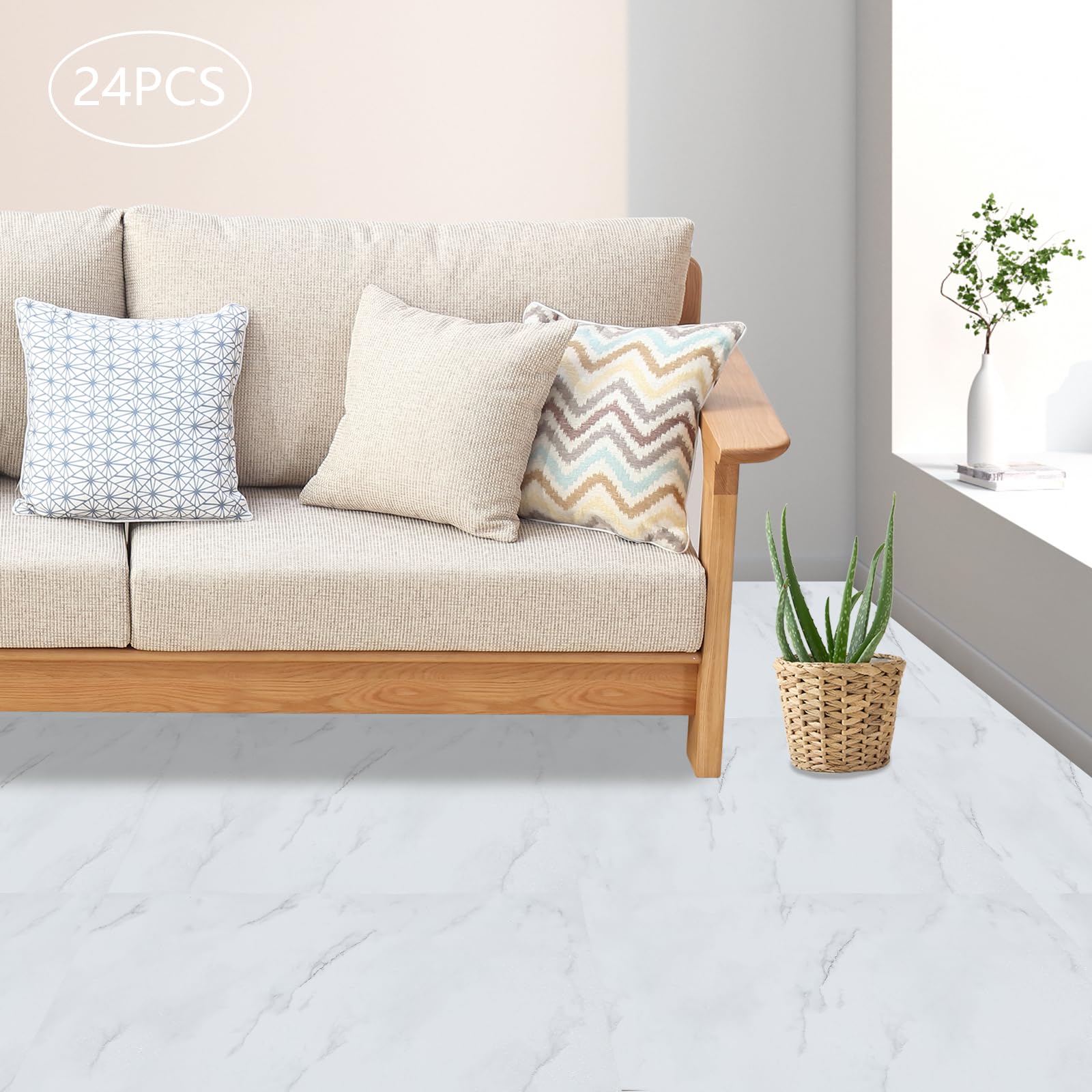 24 Stücke PVC Bodenbelag Selbstklebend, Rutschfest, Wasserfest, Laminat Rutschfeste Dekor-Dielen für Schlafzimmer Küche Wohnzimmer, 60cmx30cm, 1,3 mm Dicke, Weiß Marmor