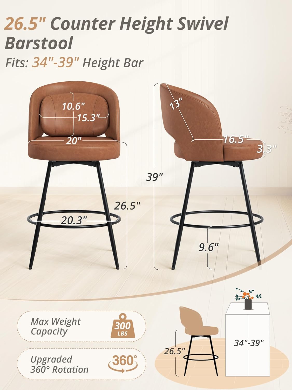 LUE BONA 26''H Swivel Bar Stools Set of 3, Counter Height Bar Stools with Backs, Lumbar Pillow and Black Metal Frames, Upholstered Modern Barstools for Kitchen Island, Faux Leather, Brown
