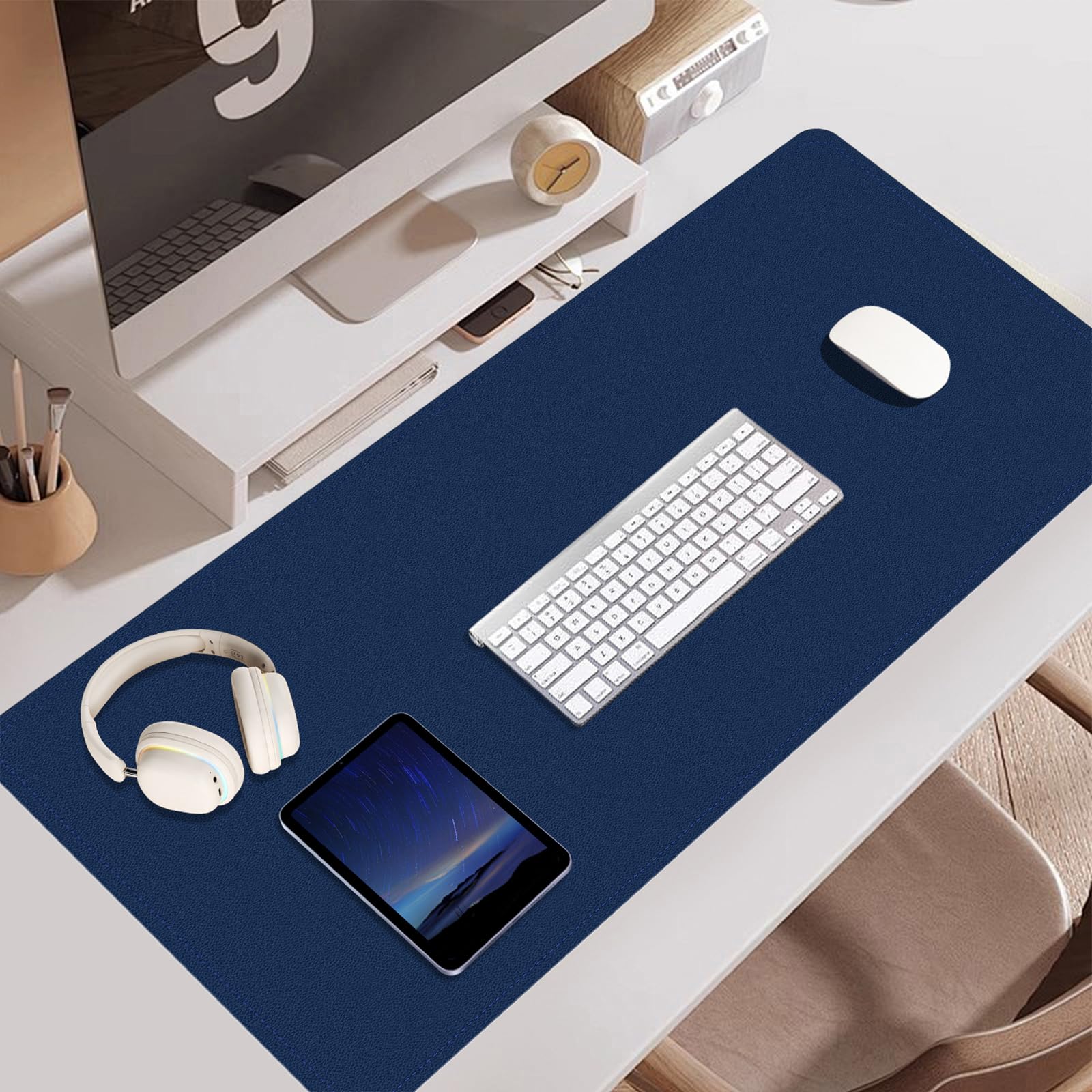 Schreibtischunterlage - Doppelseitige Kork- und Leder-Schreibtischunterlage, Maus- & Tastaturmatte, Rutschfeste Schreibtischschutzmatte für Computer-Matte und Laptopmatte (Dunkelblau, 120x60CM)