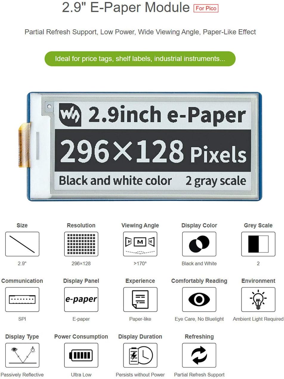 2.9inch E-Paper E-Ink Display Module for Raspberry Pi Pico, 296×128 Pixels, Two Colors Black/White, SPI Interface Support Partial Refresh