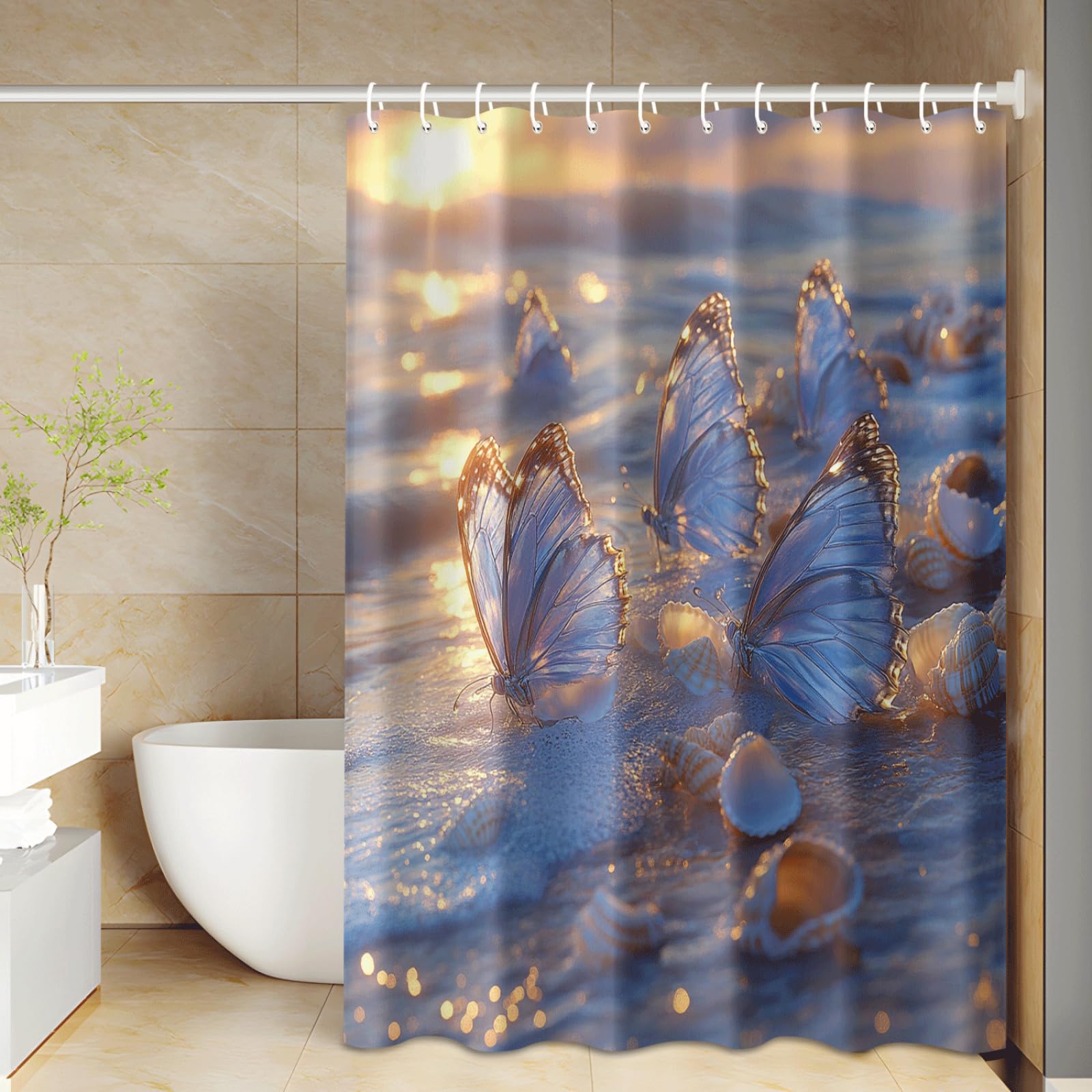 Cortina de Ducha Mariposa De Playa Púrpura Cortina Baño Antimoho Impermeable Tela Poliéster Lavable para Familiar Bañera Dormitorio Hotel Reutilizable Cortinas Ducha (180x220cm)