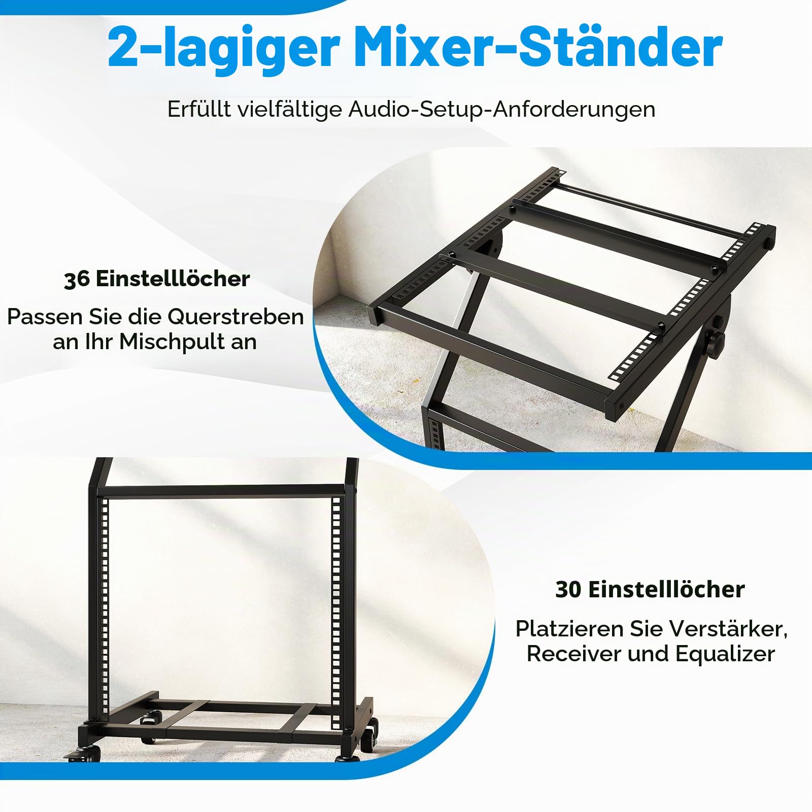 FANTASK mobiler Rack Wagen, 30" DJ Controller Ständer mit verstellbaren Querstreben & abschließbaren Rollen, DJ Rackhalterung Rollwagen für Musikstudio, Sound-Equipment