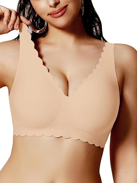 Push Up Bras for Women No Underwire Seamless Support Full Coverage Plunge Bralettes Wireless Scalloped Tshirt Bras