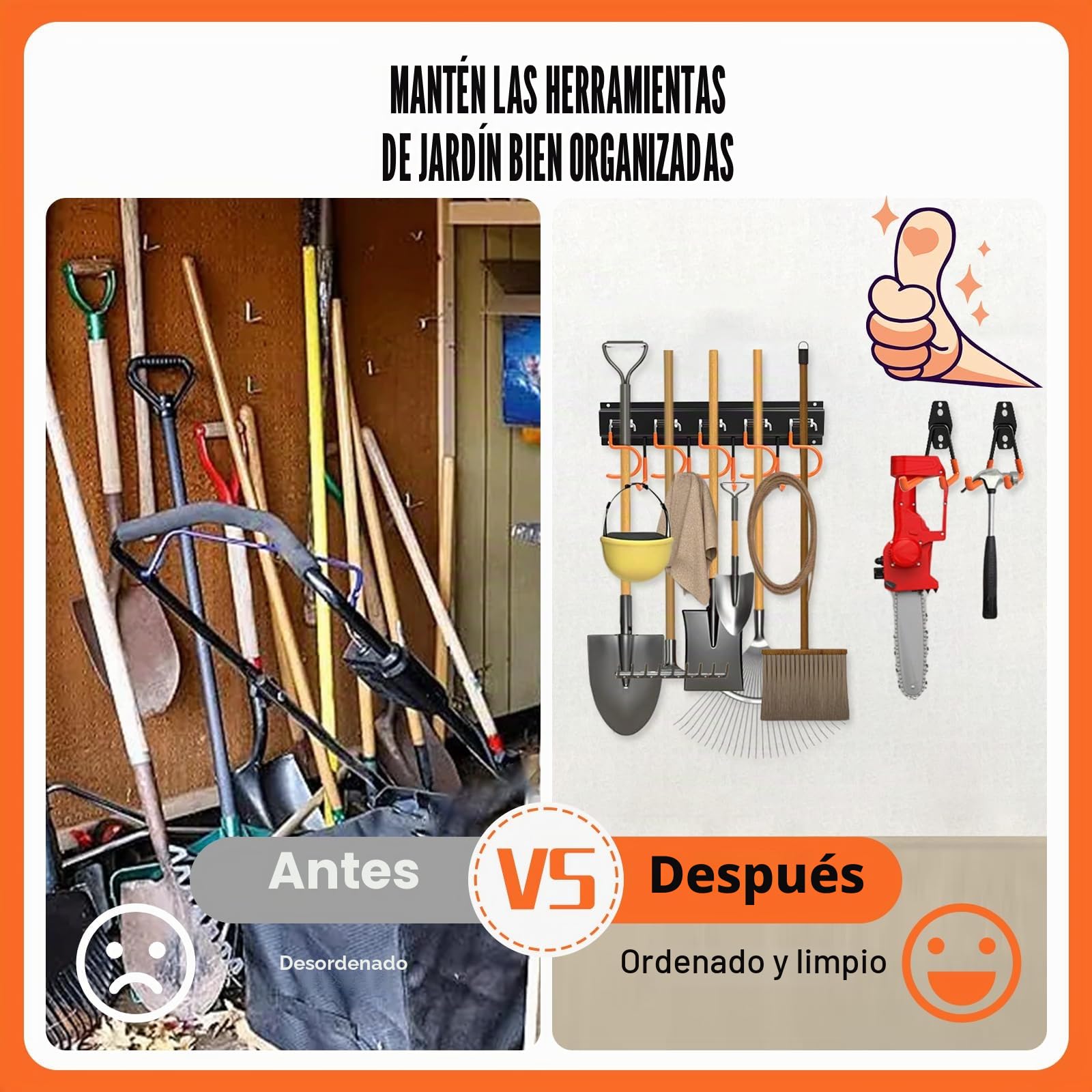 Organizador de Herramientas 4x40.6cm con 20 Ganchos S, 2 Ganchos Dobles, Recubrimiento Antideslizante, Soporte Herramientas para Escoba, Mopa, Pala, Jardín, Garaje, Trastero