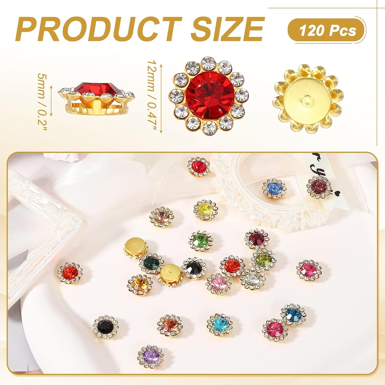 120Pcs 12mm Sew on Flower Rhinestones Crystal Glass Gems | Flatback Claw with Metal Base Crystals for Sewing Clothes Shoes Jewelry Belt Accessories, Bright Red