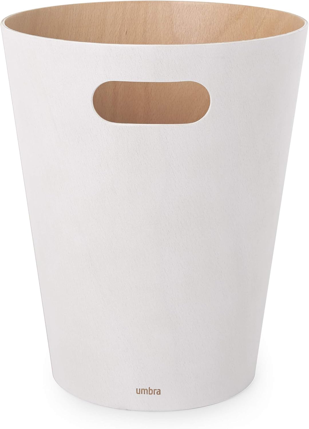 White and Natural Wood Bathroom Trash Can with Handles
