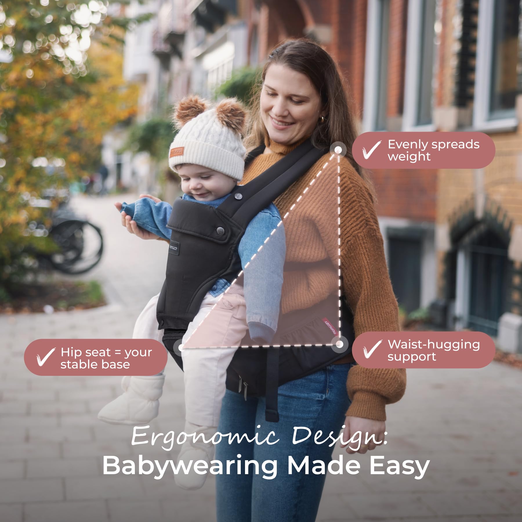 Condition photo showing New/Like New for momcozy baby carrier with hip seat, 2-in-1 forward-facing carry for long walks, detachable hands-free infant carrier up to 44lbs, all seasons toddler carrier fits waist sizes up to 45 inches, black