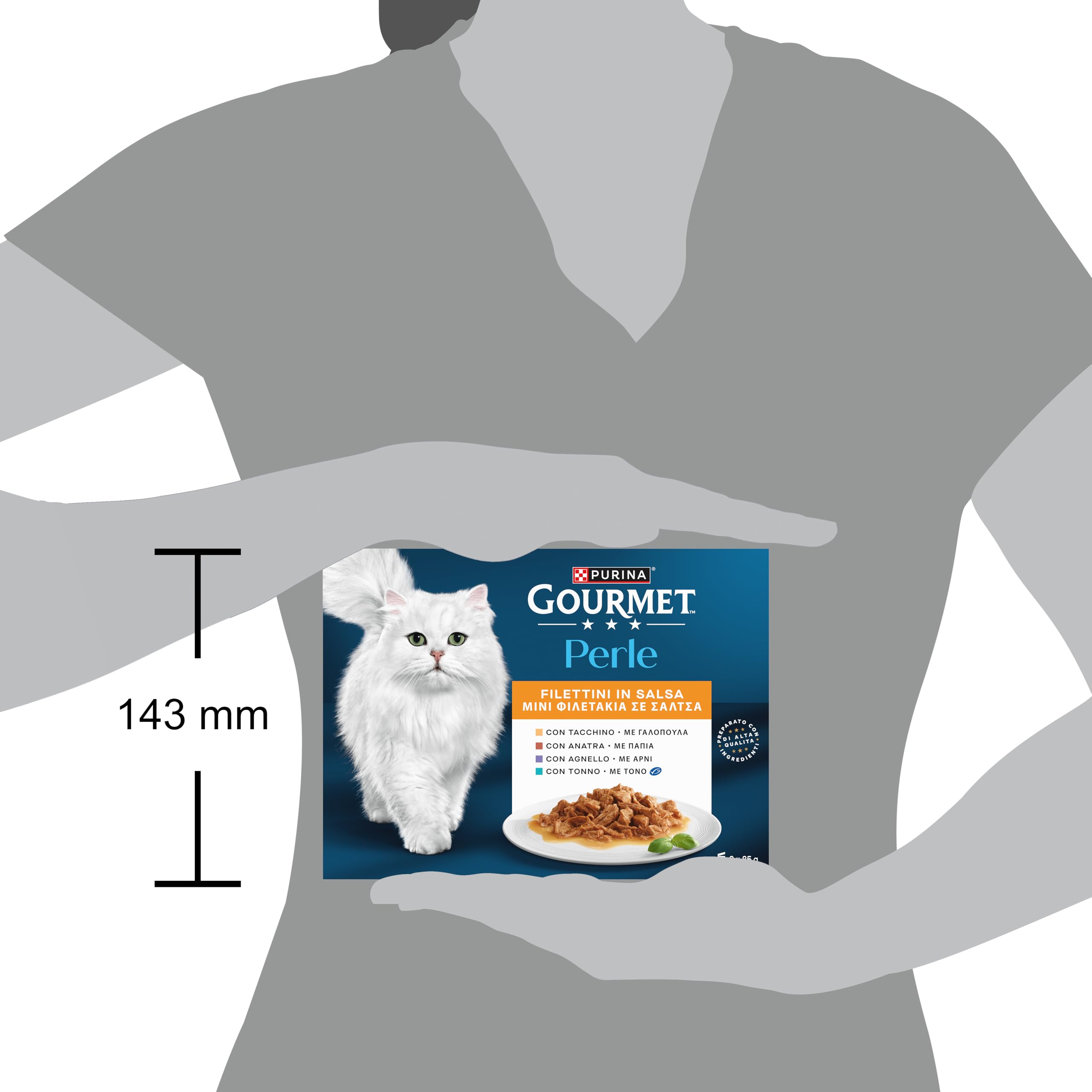 GOURMET Perle Cibo Umido per Gatti Adulti Filettini in Salsa con Tacchino, Tonno, Anatra, Agnello 80 Buste da 85g | Confezione 80x85g | Gusti: Tacchino, Agnello, Tonno, Anatra