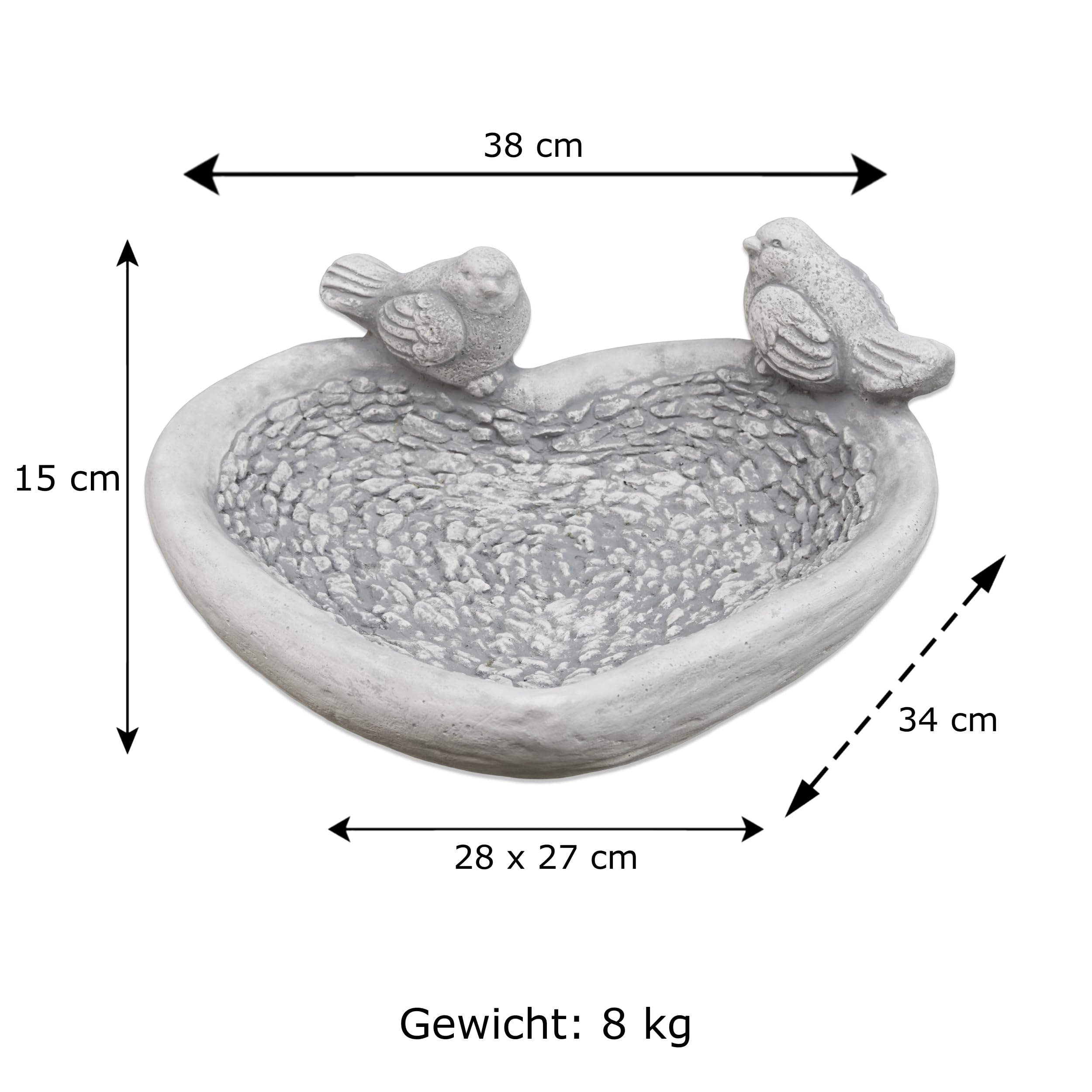 gartendekoparadies.de Vogel-Trinkschale Herz, H. 15 cm, 8 kg, Grau, frostsicher aus Steinguss für Außenbereich