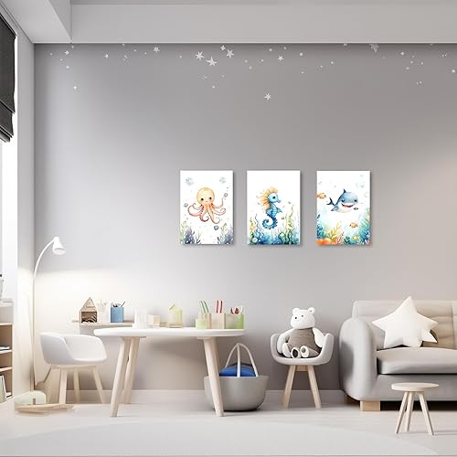 Miniatura 3 de ZXHYWYM Arte de pared de 3 piezas para habitación del bebé, diseño de tiburón de pulpo, caballito de mar, tiburón, impresiones sobre lienzo,