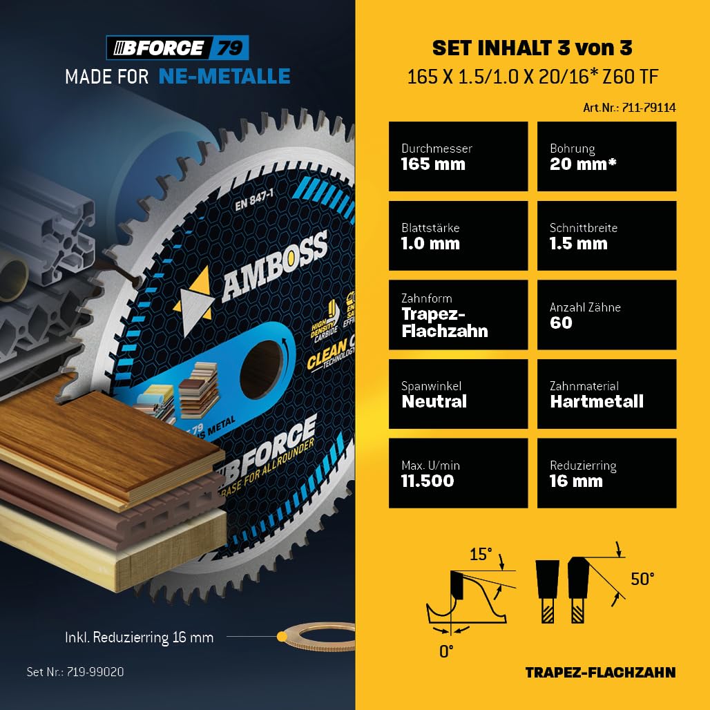 Juego de hojas de sierra circular de 165 x 20 mm con batería, compatible con Bosch GKS 18v-57g, Bosch GKT 55 GCE, Makita SP6000 - AMBOSS WERKZEUGE® Juego de hojas de sierra de 165x20 mm