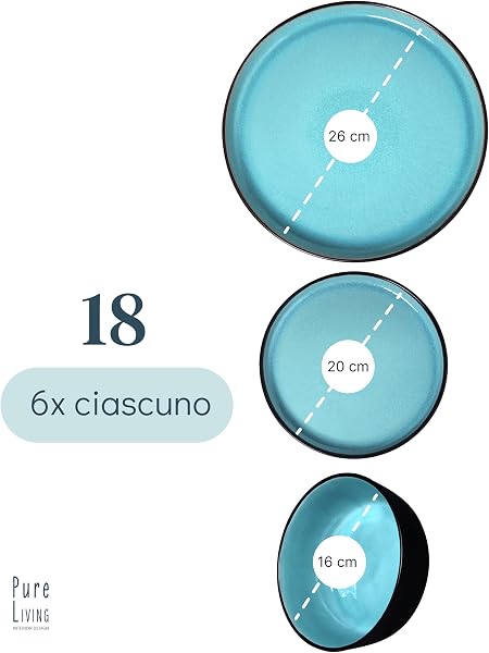 Servizio Piatti Ibiza in Grès per 6 Persone, 18 Pezzi Set Piatti Moderni Compatibile con Lavastoviglie e Microonde - acquamarina - Set da Tavola e Cucina di Pure Living - 3
