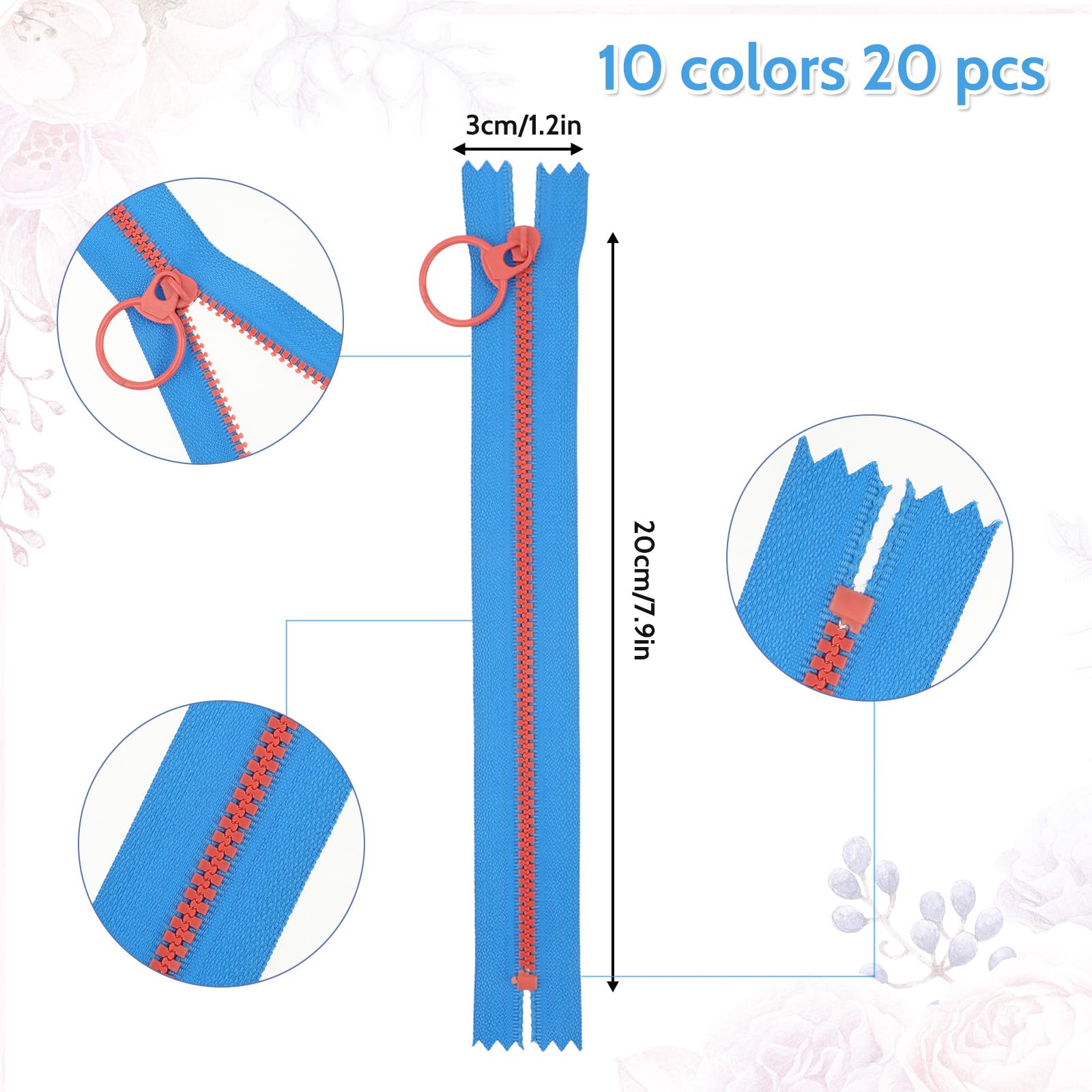 Bewudy 20 Stück Bunt Harz Reißverschlüsse, 10 Farben Nylon Reißverschluss Set Coil Reißverschluss mit Metall-Ring zum Nähen Basteln, 23 cm Kunstharz Nähreißverschlüsse für Nähbegeisterte DIY Kleidung